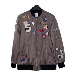 Zara Bomber Jacket Womens S Olive Green Satin Streetwear Patches Pins Sequines